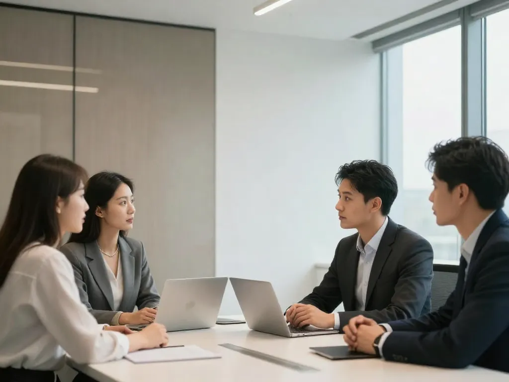 Minimalist, high-end office architecture with clean lines and soft ambient lighting, focusing on a professional partnership meeting environment.