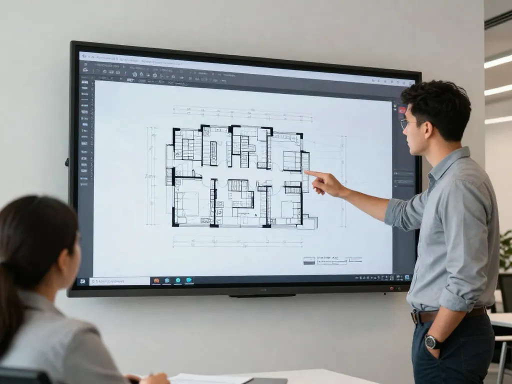A clean, modern office interior with a collaborative workspace, showing two professionals discussing architectural blueprints on a large digital screen.
